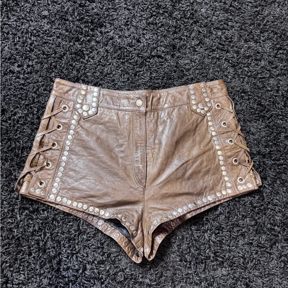 Brown leather studded hot shorts from H&M